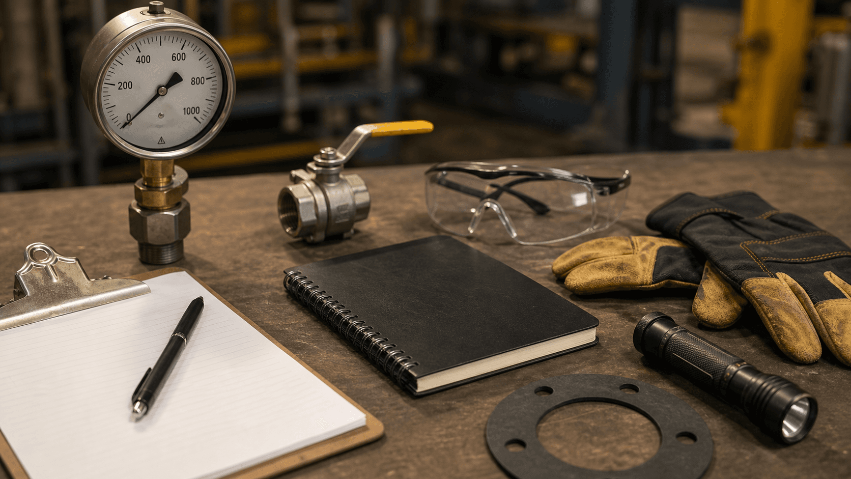 Industrial service tools including a gauge, valve, PPE gloves, gasket, and clipboard.