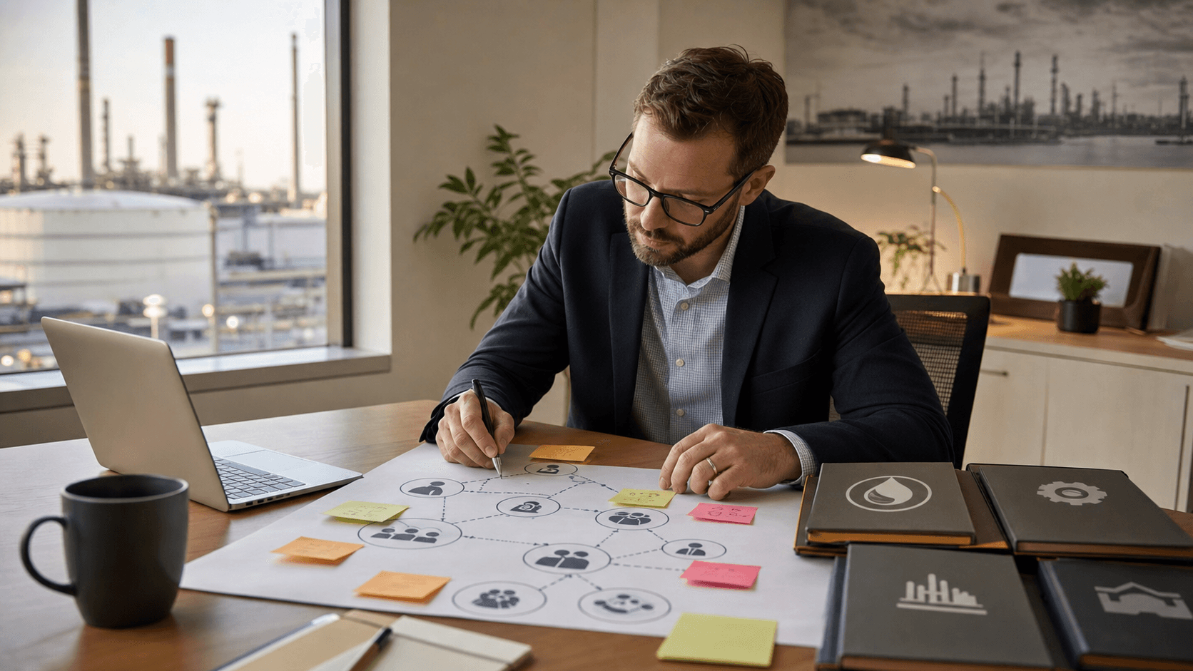 A sales professional mapping buyer roles across operators, contractors, technical teams, and procurement.