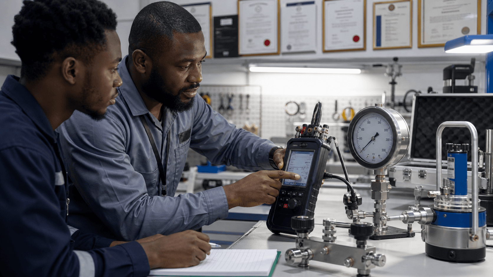 A technician and sales trainee working at a calibration bench with gauges and instruments.