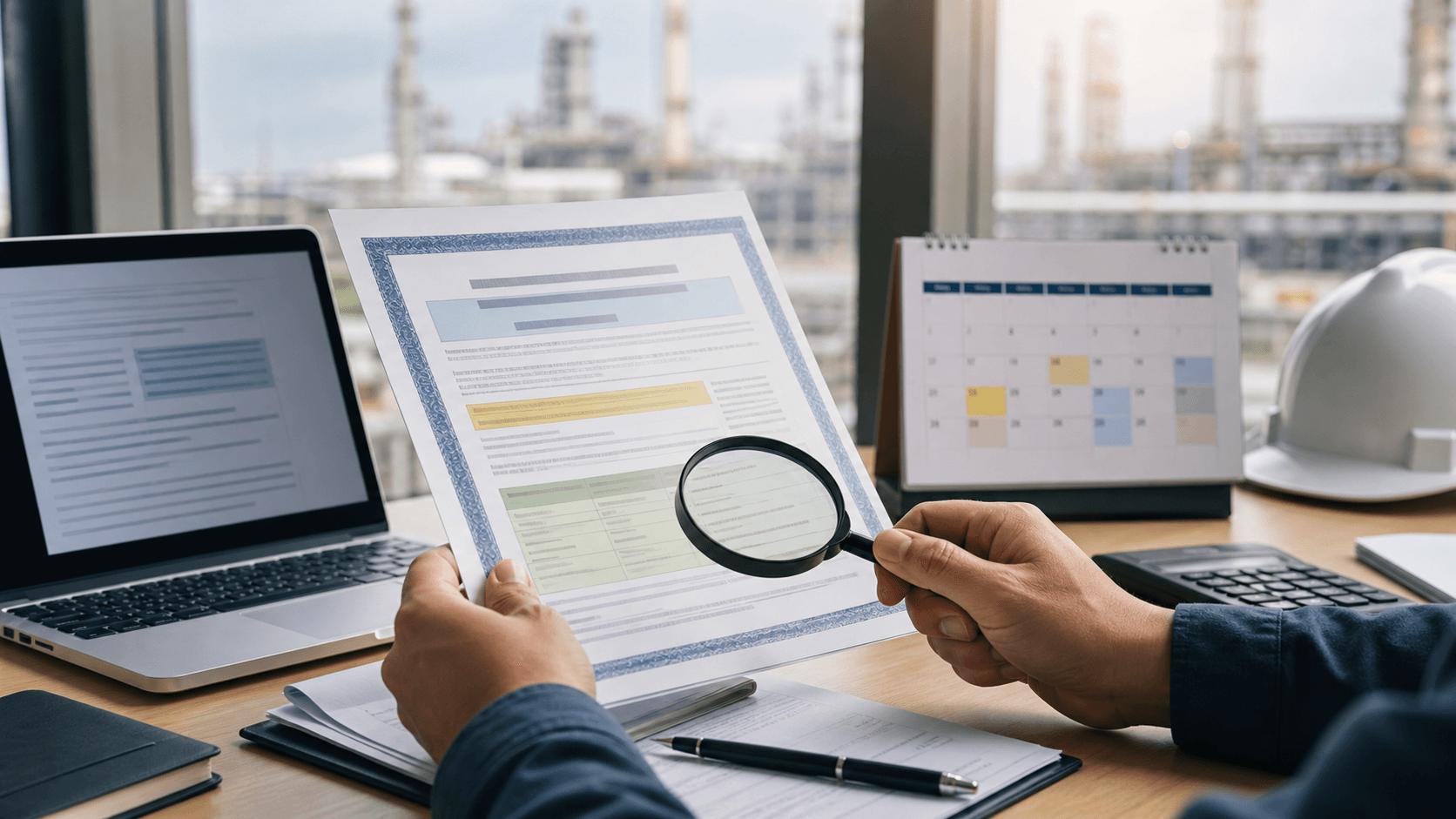 A salesperson carefully checking certificate scope, validity, and supporting documents at a desk.
