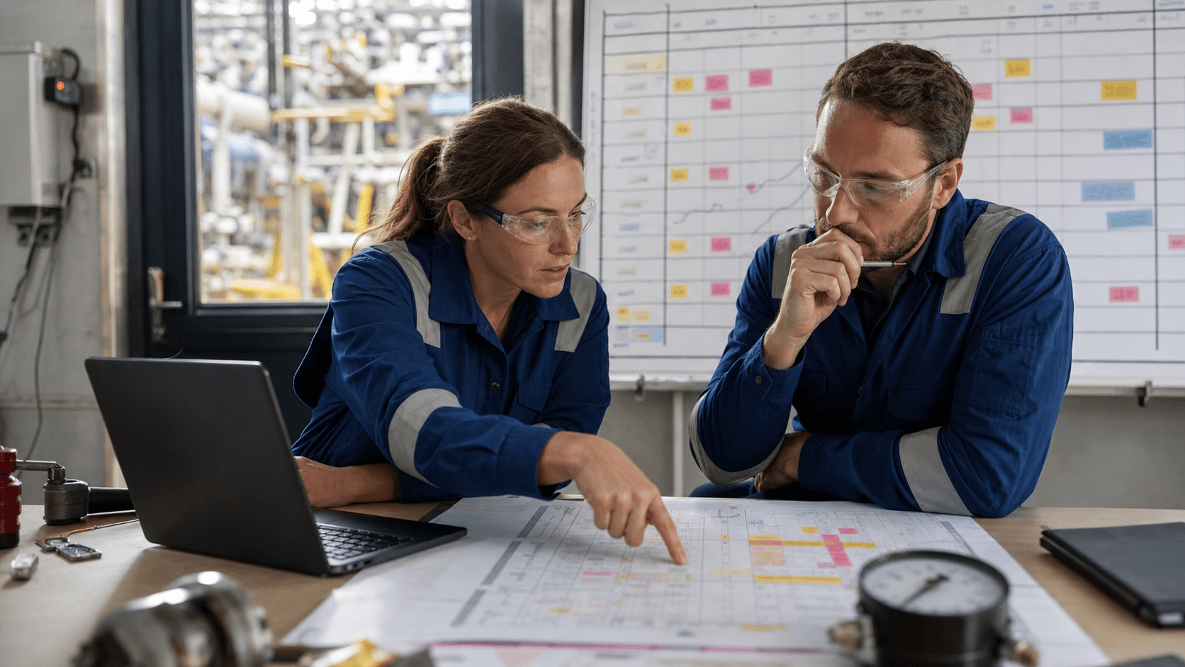 A maintenance team reviewing a downtime board beside industrial equipment and service documents.
