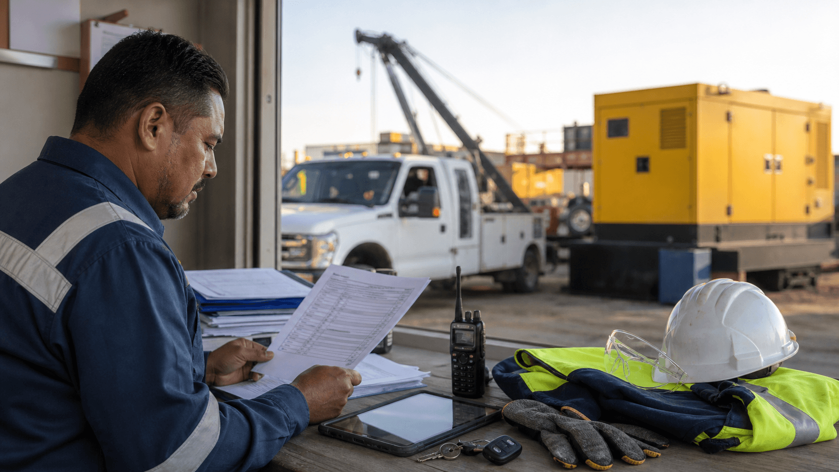 A coordinated support services desk with rental equipment notes, manpower files, PPE, and logistics plans.