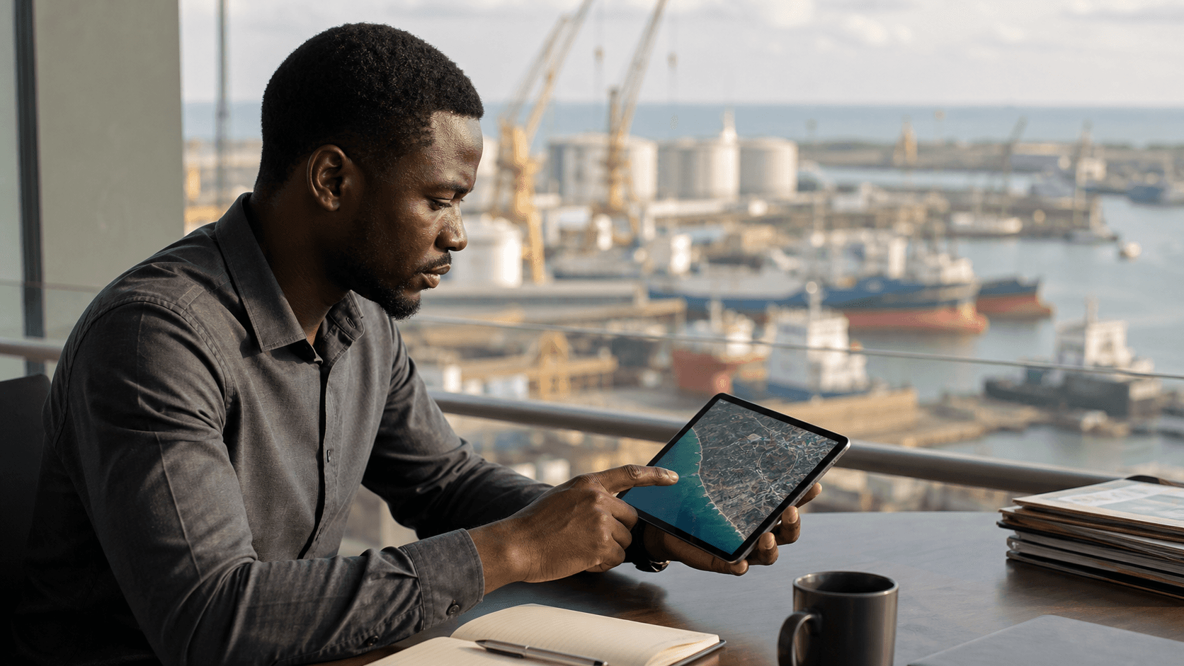A professional with a tablet studying an energy services market map near an industrial port.
