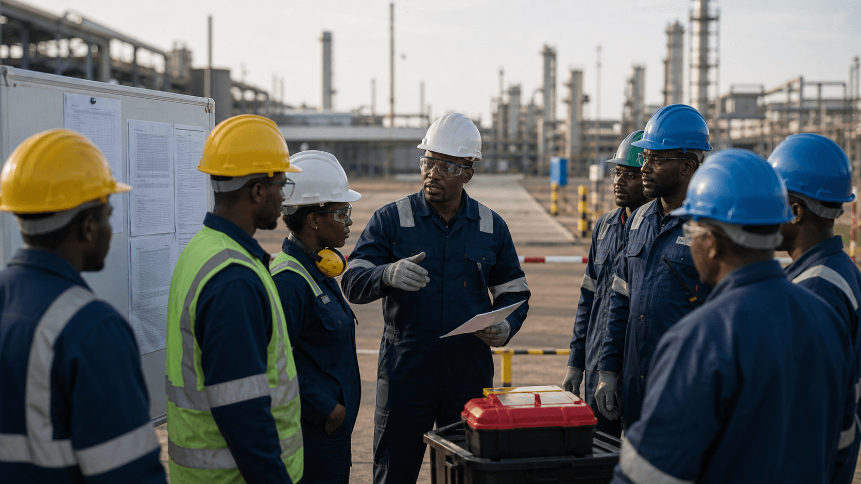 A site team holding a toolbox talk beside a permit board at an industrial facility.