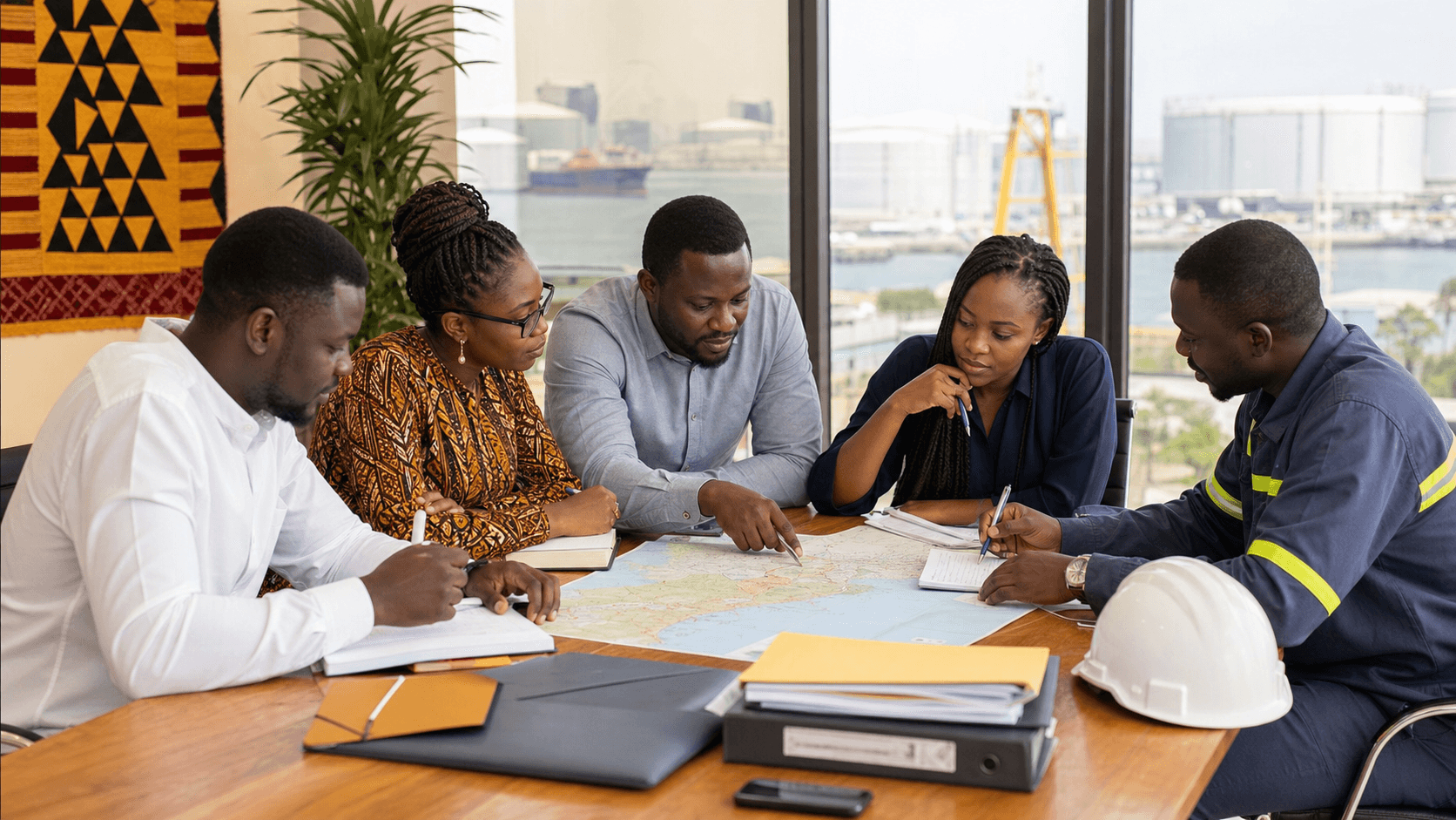 A Ghana-focused energy services planning session with local supplier notes and industrial maps.