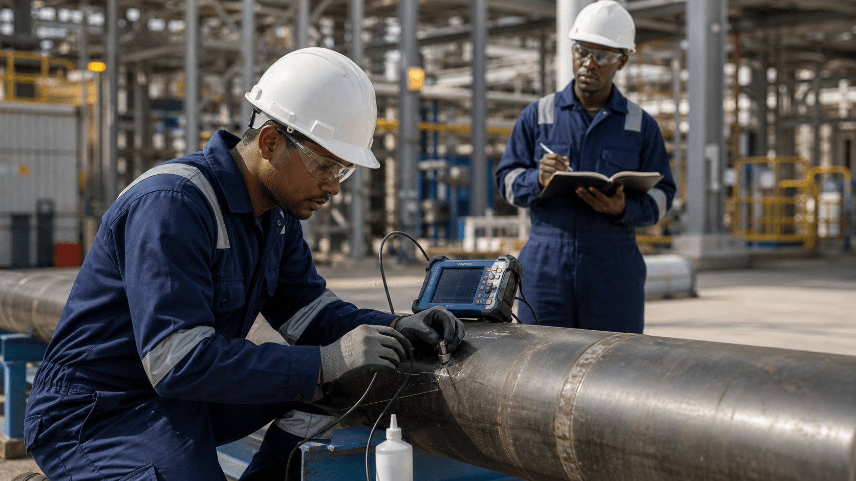 An inspector using ultrasonic testing equipment on industrial piping while a trainee observes.