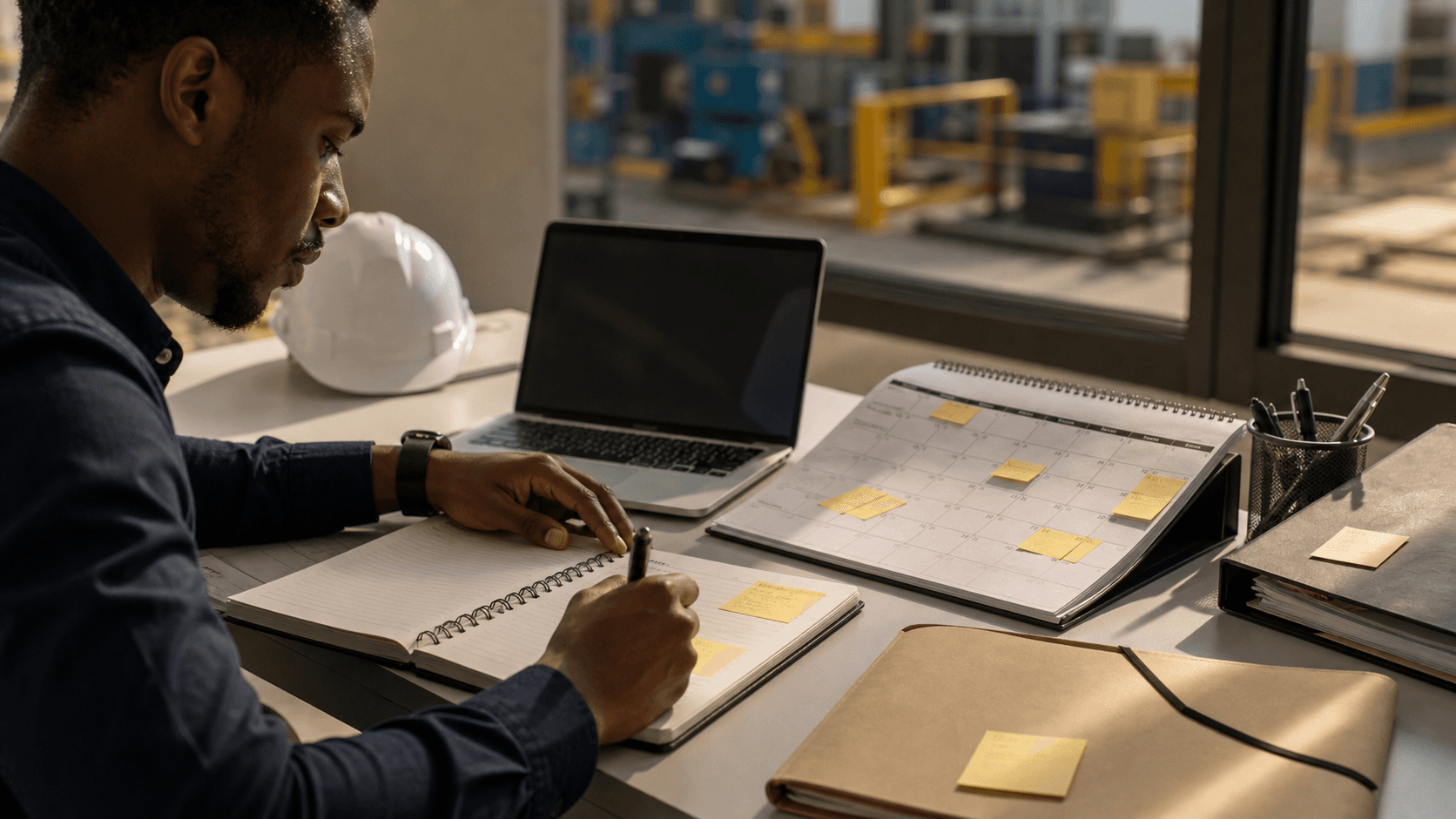 A 90-day planning notebook with calendar pages, sticky notes, and industrial sales research.