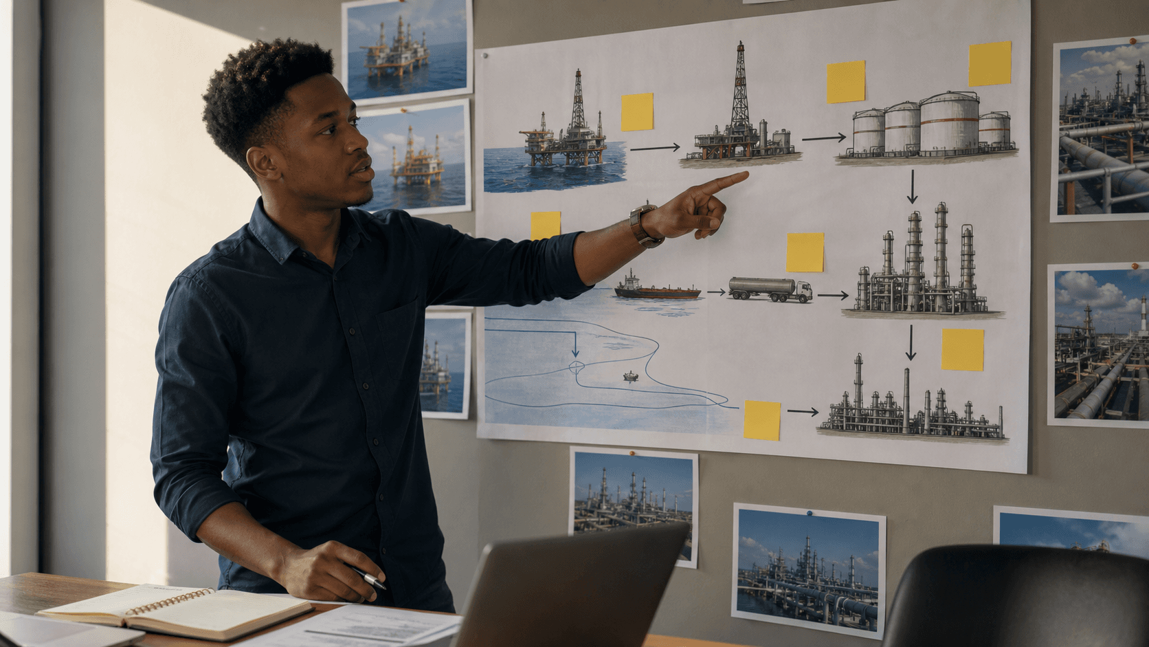 A professional building a simple upstream, midstream, and downstream market map.