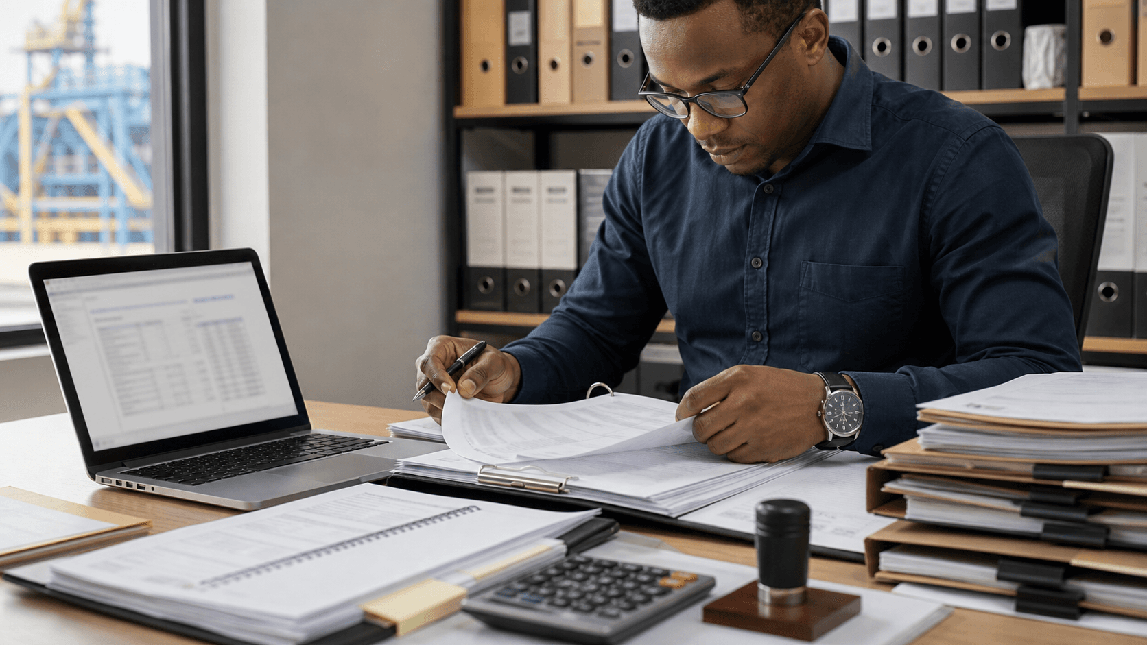 A tender desk with folders, a laptop, calculator, stamp, and supplier documents.