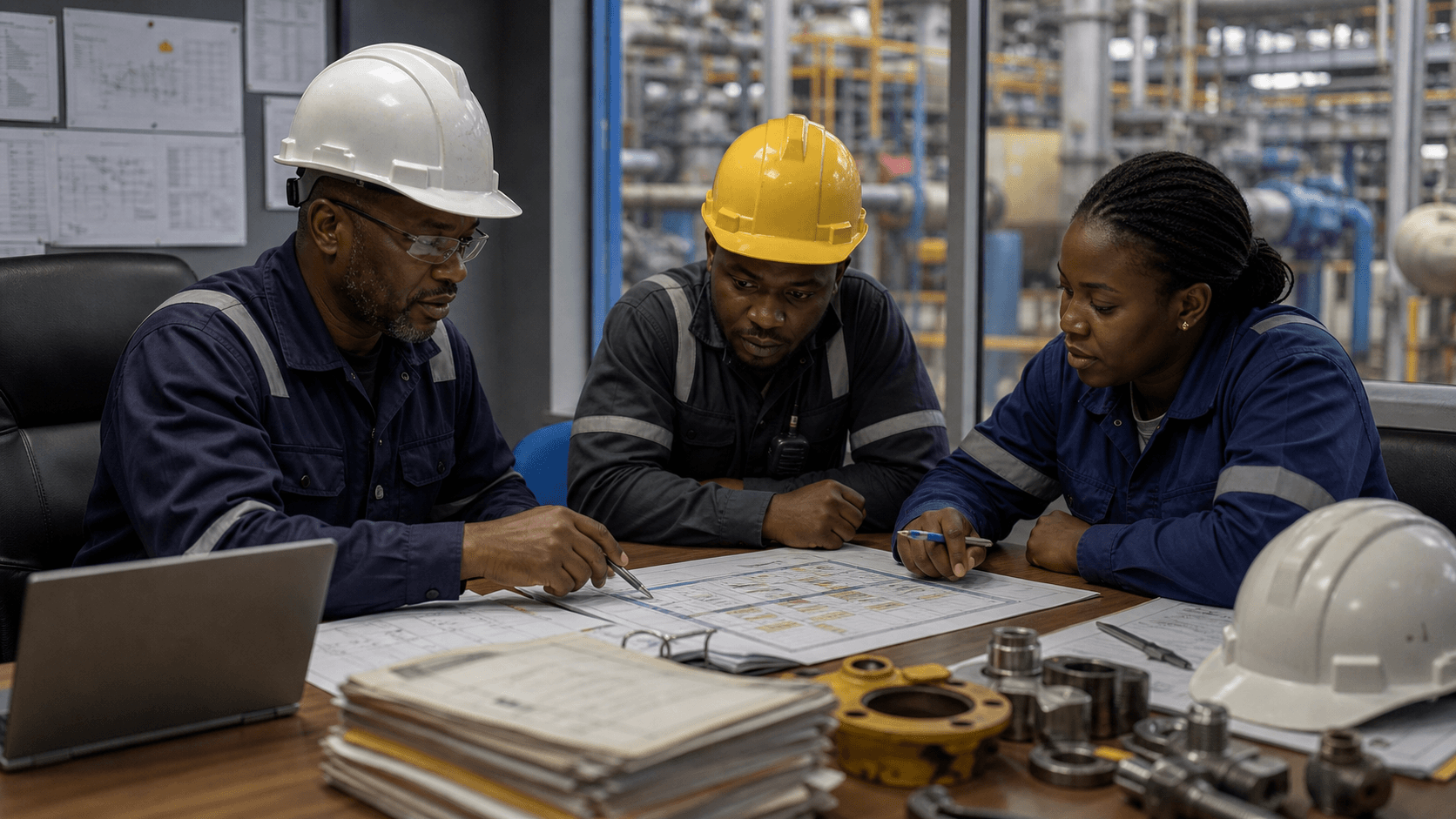 A maintenance shutdown planning table with drawings, PPE, schedules, and industrial tools.