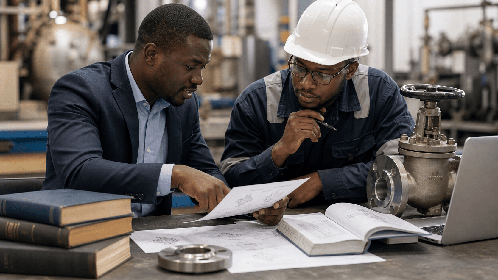 A salesperson and engineer reviewing technical datasheets beside industrial valves and flanges.