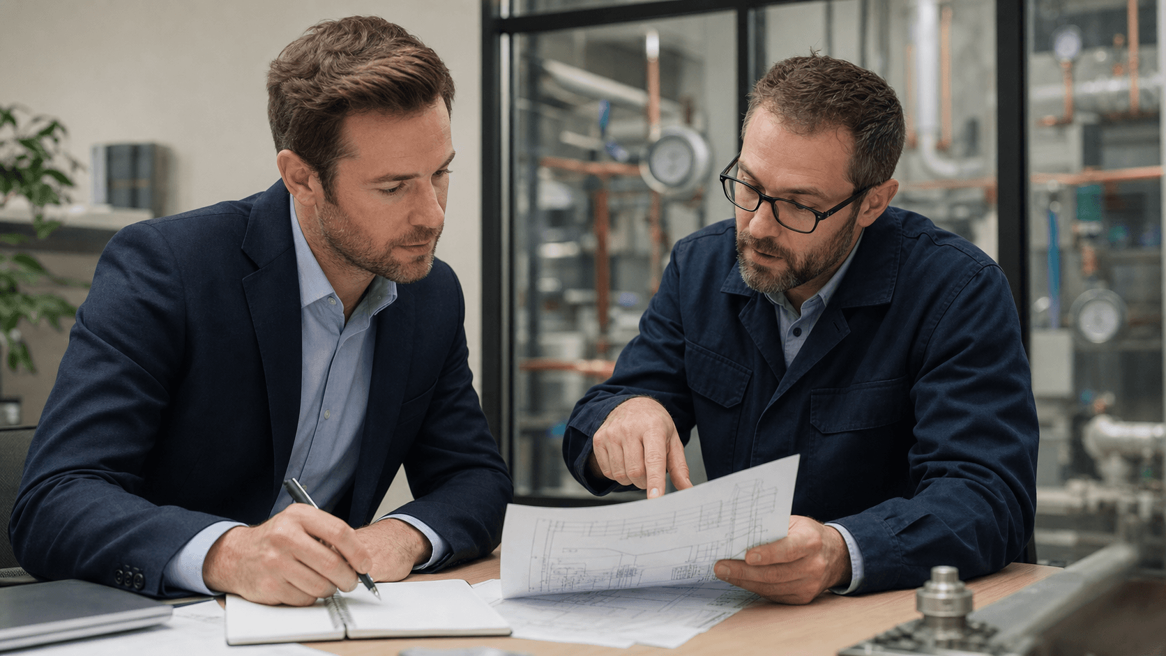 A salesperson and engineer reviewing technical specifications in a calm industrial office setting.