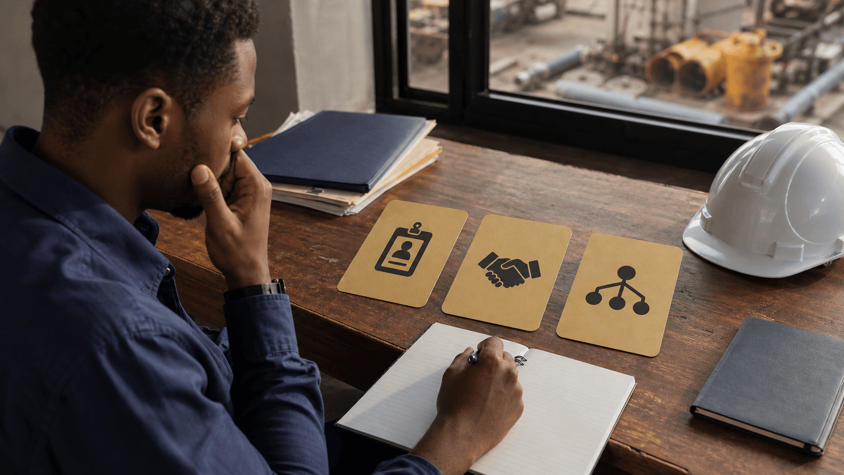 Three practical routes into industrial sales represented by work tools and business documents.