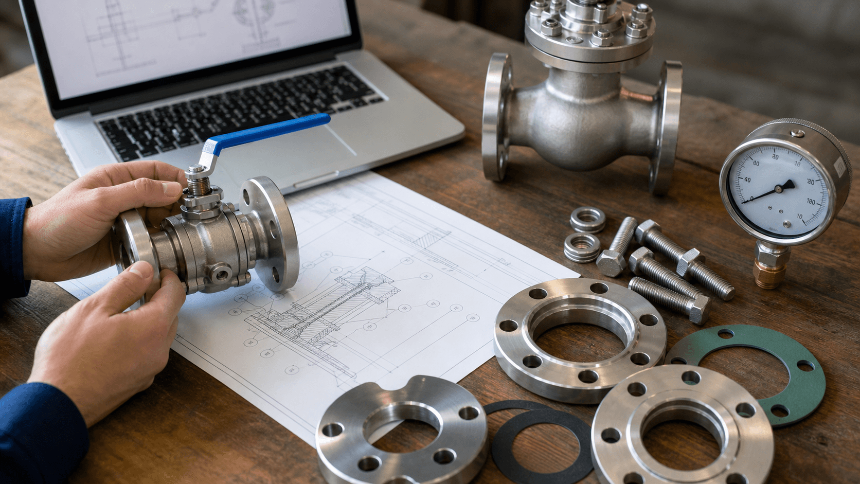 Industrial valves, flanges, gaskets, and a specification sheet laid out neatly for an RFQ.