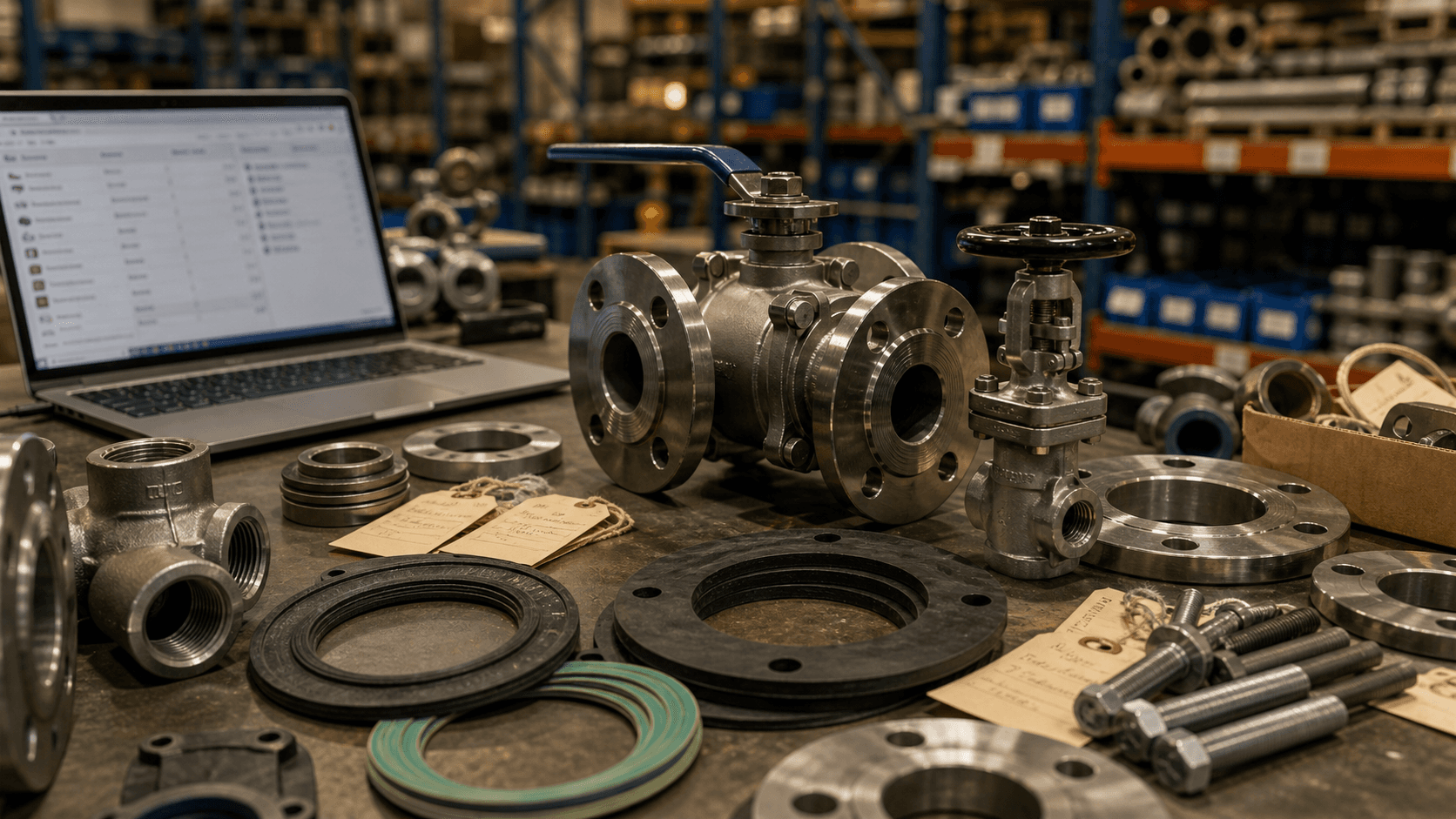 Valves, gaskets, bolts, and industrial spare parts arranged on a warehouse desk.