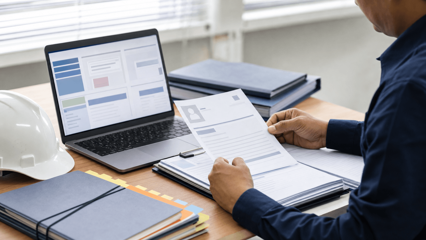 A vendor registration file beside a laptop showing procurement forms and compliance documents.