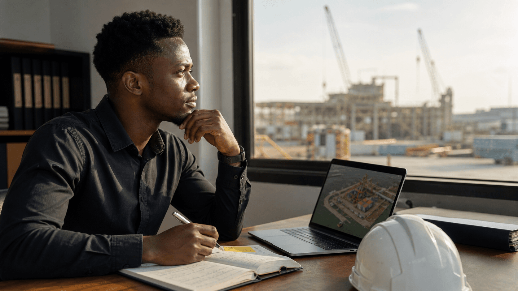 A young professional studying energy services from an office overlooking an industrial site.