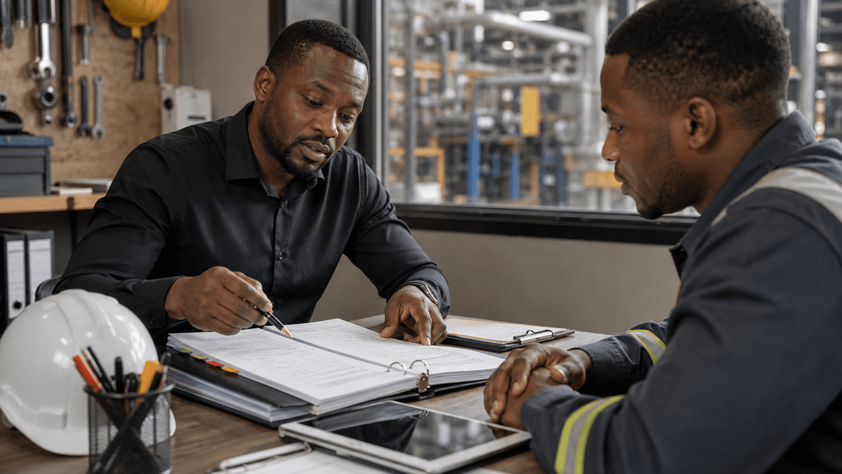 A professional reviewing supplier documents and technical papers at a desk.